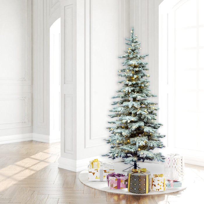 7'6"Hx43"W Flocked Slim Utica Fir Artificial Christmas Tree, LED Pre-Lit -White/Green - A895076LED