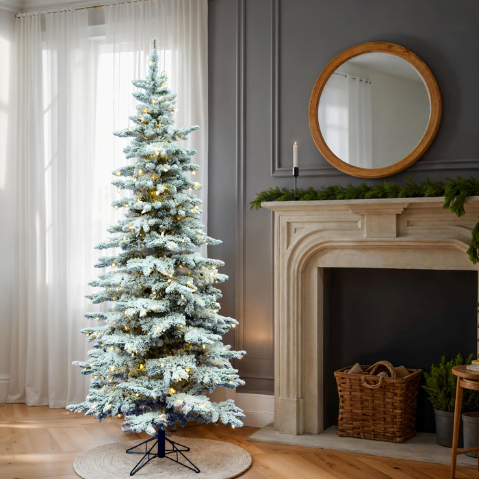 7'6"Hx43"W Flocked Slim Utica Fir Artificial Christmas Tree, LED Pre-Lit -White/Green - A895076LED