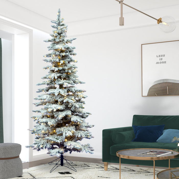 12'Hx65"W Flocked Slim Utica Fir Artificial Christmas Tree, LED Pre-Lit -White/Green - A895091LED