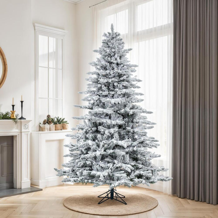 14'Hx96"W Flocked Utica Fir Artificial Christmas Tree, LED Pre-Lit -White/Green - A895196LED