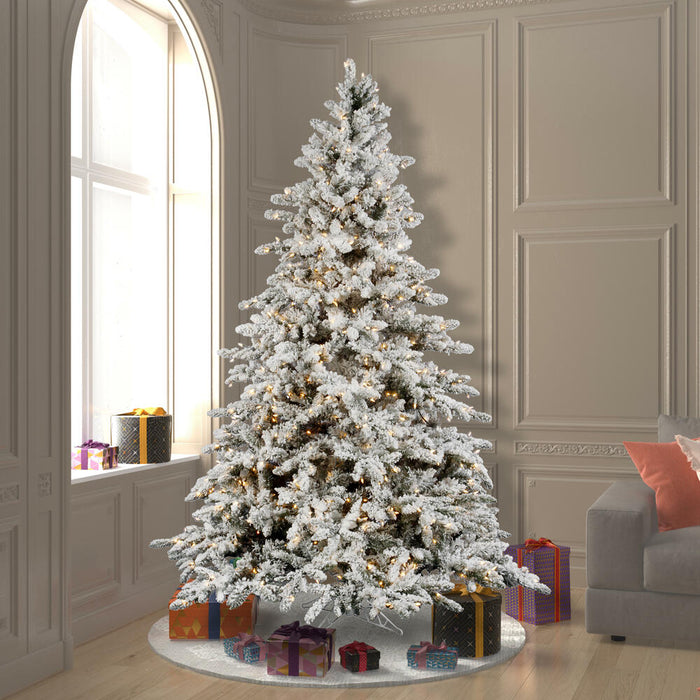 14'Hx96"W Flocked Utica Fir Artificial Christmas Tree, LED Pre-Lit -White/Green - A895196LED