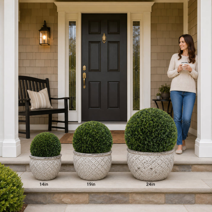 19" Outdoor UV-Resistant Artificial Tea Leaf Ball-Shaped Topiary w/10" Pole -Green (Pack of 2) - AAT531-GR