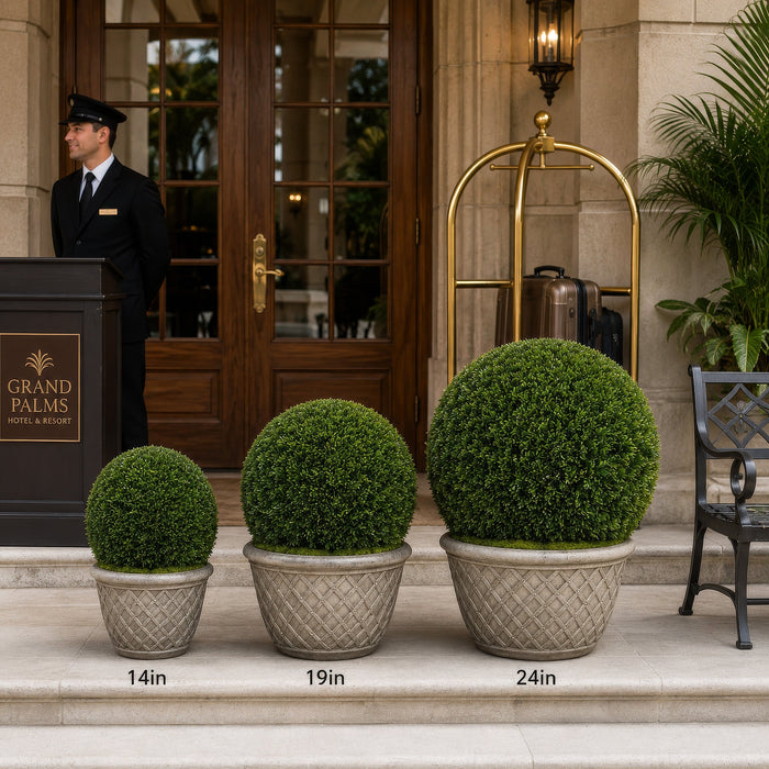 14" Outdoor UV-Resistant Artificial Tea Leaf Ball-Shaped Topiary w/8" Pole -Green (Pack of 4) - AAT530-GR