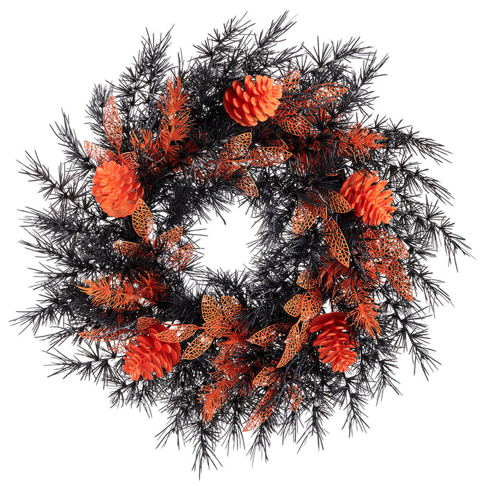 24" Artificial Pinecone & Pine Halloween Wreath -Black/Orange (Pack of 2) - AF3310-BK/OR