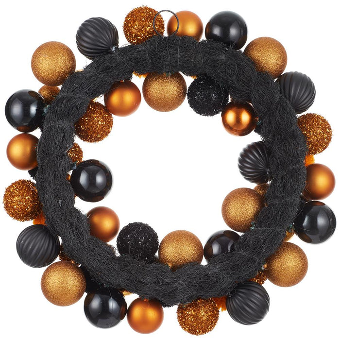 20" Artificial Plastic Ball & Pompon Wreath -Black/Orange (Pack of 4) - AFW208-BK/OR