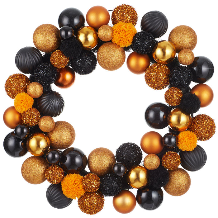 20" Artificial Plastic Ball & Pompon Wreath -Black/Orange (Pack of 4) - AFW208-BK/OR