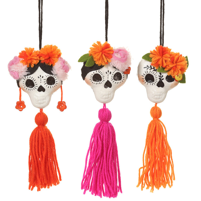 8.3" Set Of Day Of The Dead Hanging Skulls -Orange/Pink (Pack of 2) - AFY002-OR/PK