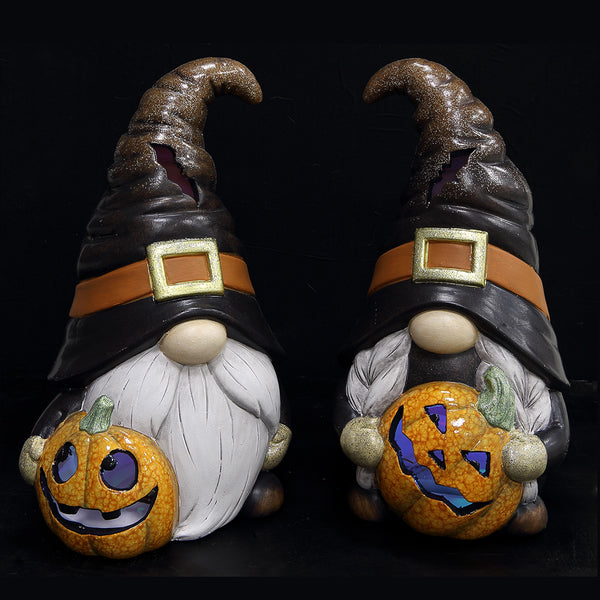 11.5" Set Of Battery Operated Halloween Gnomes Holding Jack-O-Lantern -Black/Orange (Pack of 2) - AFZ103-BK/OR
