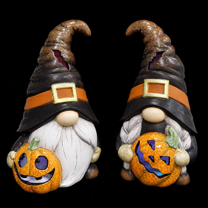 11.5" Set Of Battery Operated Halloween Gnomes Holding Jack-O-Lantern -Black/Orange (Pack of 2) - AFZ103-BK/OR