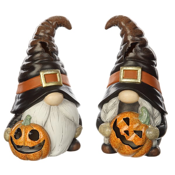 11.5" Set Of Battery Operated Halloween Gnomes Holding Jack-O-Lantern -Black/Orange (Pack of 2) - AFZ103-BK/OR