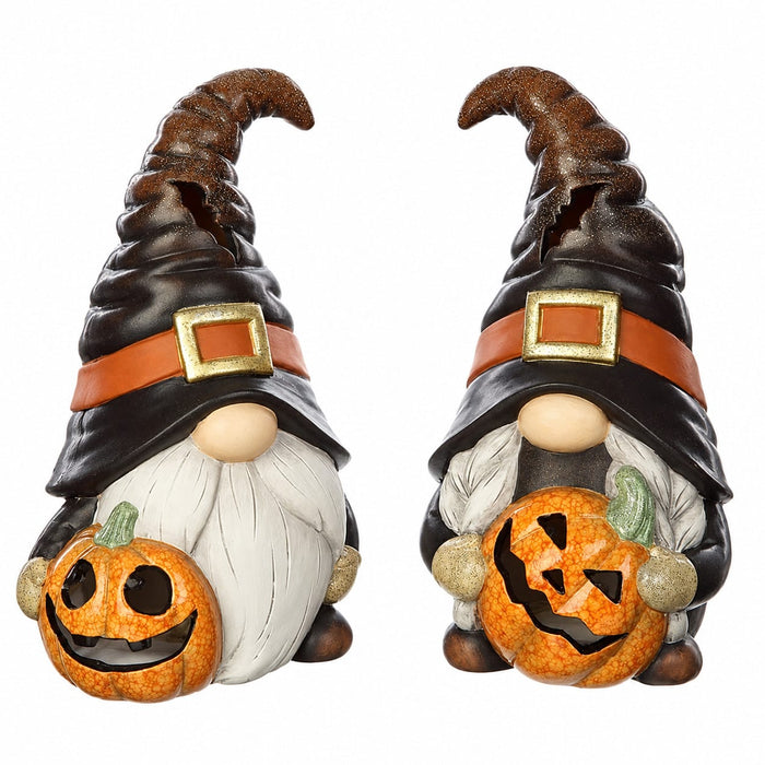11.5" Set Of Battery Operated Halloween Gnomes Holding Jack-O-Lantern -Black/Orange (Pack of 2) - AFZ103-BK/OR