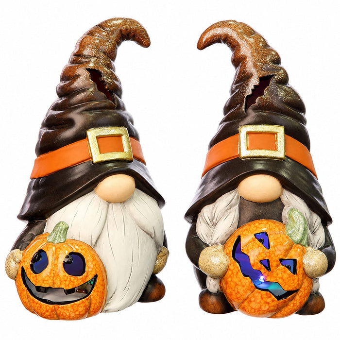 11.5" Set Of Battery Operated Halloween Gnomes Holding Jack-O-Lantern -Black/Orange (Pack of 2) - AFZ103-BK/OR