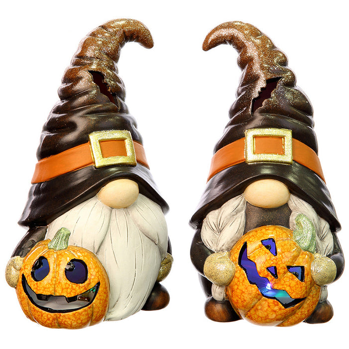 11.5" Set Of Battery Operated Halloween Gnomes Holding Jack-O-Lantern -Black/Orange (Pack of 2) - AFZ103-BK/OR
