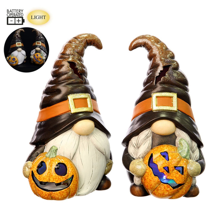 11.5" Set Of Battery Operated Halloween Gnomes Holding Jack-O-Lantern -Black/Orange (pack of 2) - AFZ103-BK/OR