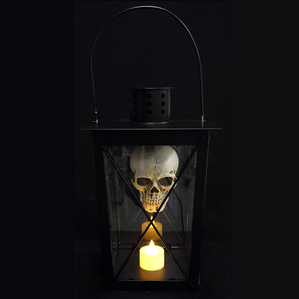 10" Battery Operated Halloween Skull Lantern With Light -Black/Beige (Pack of 4) - AFZ419-BK/BE