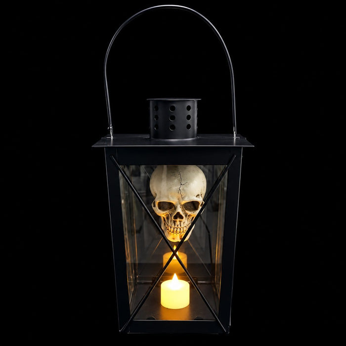 10" Battery Operated Halloween Skull Lantern With Light -Black/Beige (Pack of 4) - AFZ419-BK/BE