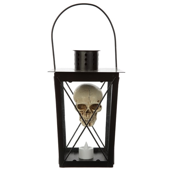 10" Battery Operated Halloween Skull Lantern With Light -Black/Beige (Pack of 4) - AFZ419-BK/BE