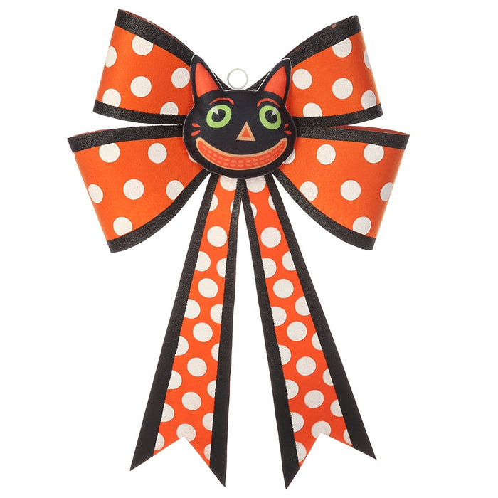 25" Halloween Polkadot Bow Wall Decor With Cat -Orange/Black (Pack of 6) - AFZ467-OR/BK