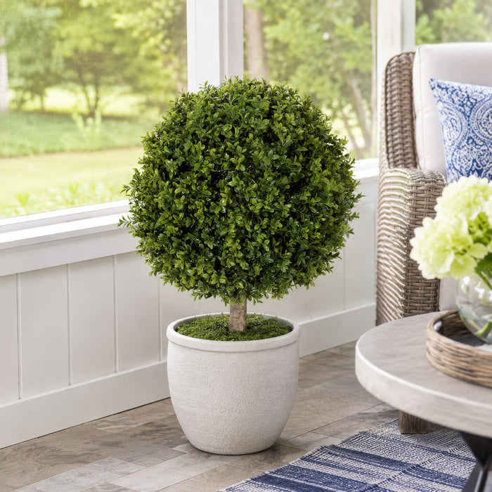 24" Outdoor UV-Resistant Artificial Boxwood Ball-Shaped Topiary w/Pot -Green - AUV102610
