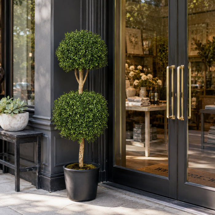 4' Outdoor UV-Resistant Artificial Boxwood Double Ball-Shaped Topiary w/Pot -Green - AUV102770