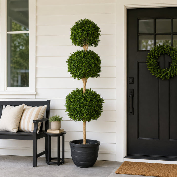 6'6" Outdoor UV-Resistant Artificial Boxwood Triple Ball-Shaped Topiary w/Pot -Green - AUV102780