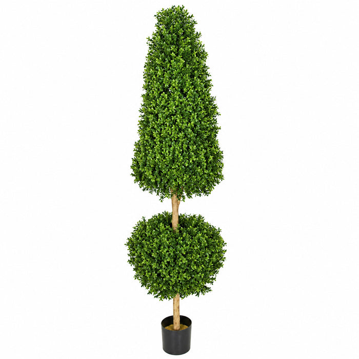 6' Outdoor UV-Resistant Artificial Boxwood Ball & Cone-Shaped Topiary w/Pot -2 Tone Green - AUV102790