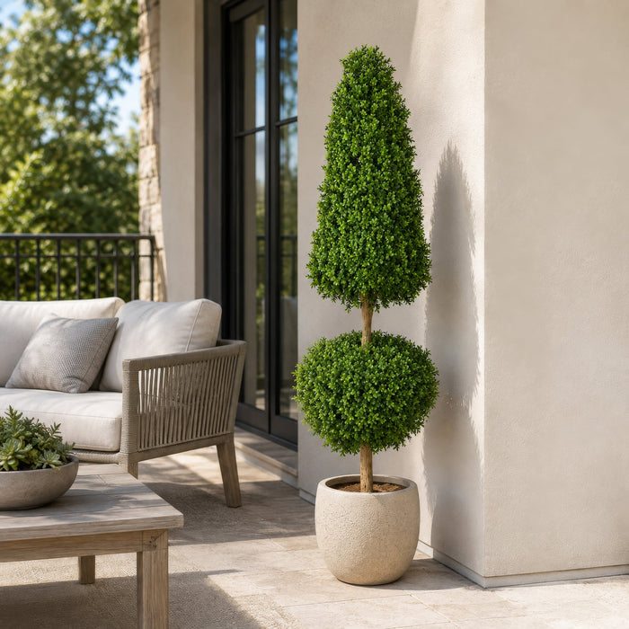 6' Outdoor UV-Resistant Artificial Boxwood Ball & Cone-Shaped Topiary w/Pot -2 Tone Green - AUV102790