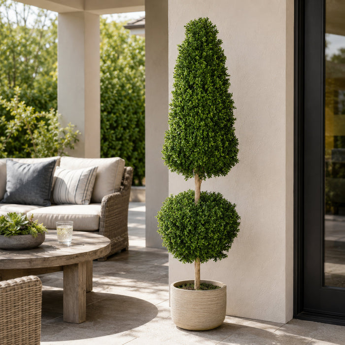 6' Outdoor UV-Resistant Artificial Boxwood Ball & Cone-Shaped Topiary w/Pot -2 Tone Green - AUV102790