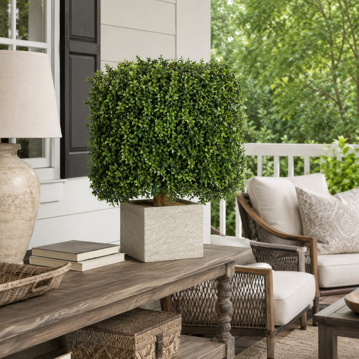 25" Outdoor UV-Resistant Artificial Boxwood Square-Shaped Topiary Tree w/Pot -Green - AUV116110