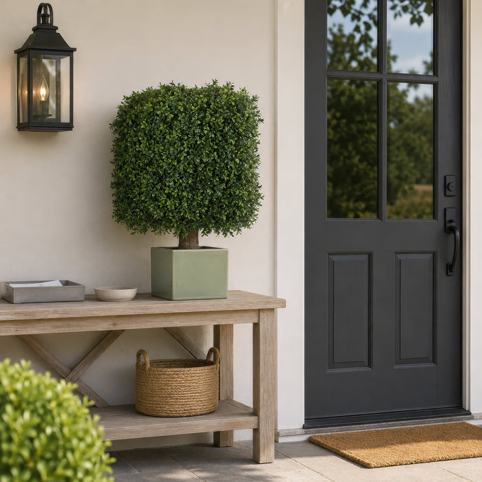 25" Outdoor UV-Resistant Artificial Boxwood Square-Shaped Topiary Tree w/Pot -Green - AUV116110