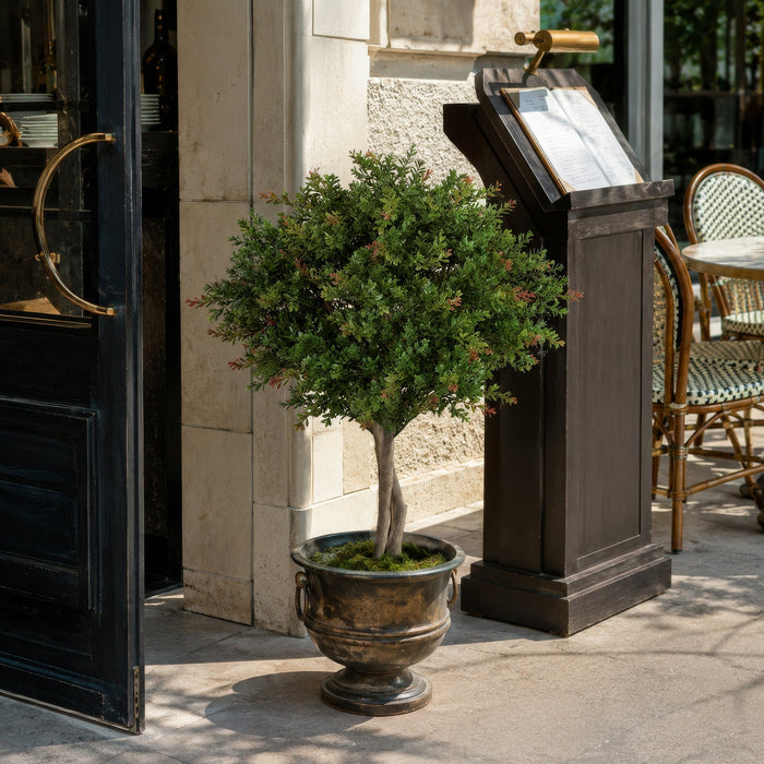 33" Outdoor UV-Resistant Artificial Wintergreen Boxwood Ball-Shaped Topiary Tree w/Pot -Green/Red - AUV145220