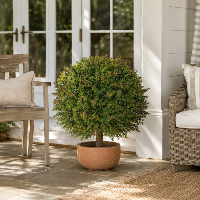 24" Outdoor UV-Resistant Artificial Wintergreen Boxwood Ball-Shaped Topiary Tree w/Pot -Green/Red - AUV146060