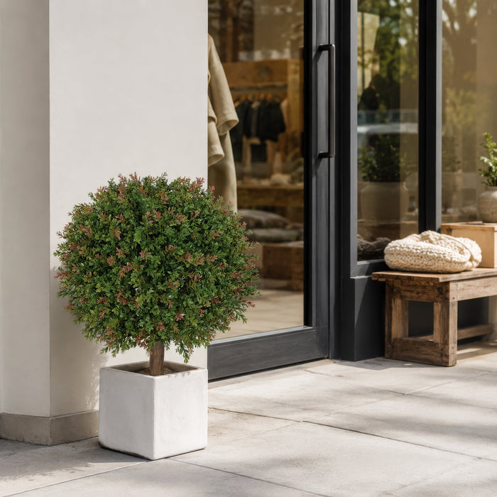 24" Outdoor UV-Resistant Artificial Wintergreen Boxwood Ball-Shaped Topiary Tree w/Pot -Green/Red - AUV146060