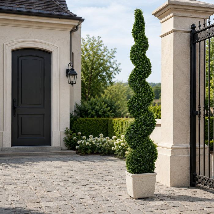 8' Outdoor UV-Resistant Artificial Dwarf Boxwood Spiral Topiary Tree w/Pot -Green - AUV181600