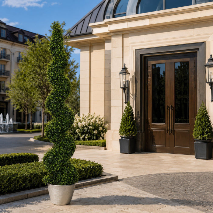 8' Outdoor UV-Resistant Artificial Dwarf Boxwood Spiral Topiary Tree w/Pot -Green - AUV181600