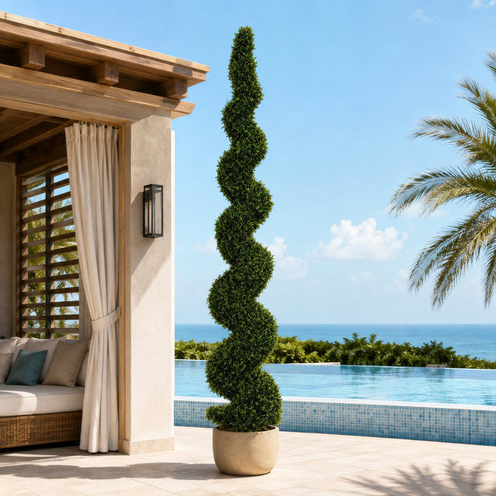 10' Outdoor UV-Resistant Artificial Dwarf Boxwood Spiral Topiary Tree w/Pot -Green - AUV181610