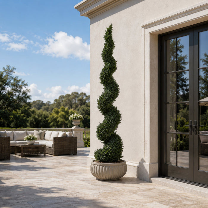 8' Outdoor UV-Resistant Artificial Pond Cypress Spiral Topiary Tree w/Pot -Green - AUV186430