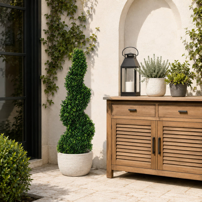 4' Outdoor UV-Resistant Artificial Dwarf Boxwood Spiral Topiary Tree w/Pot -Green - AUV186500