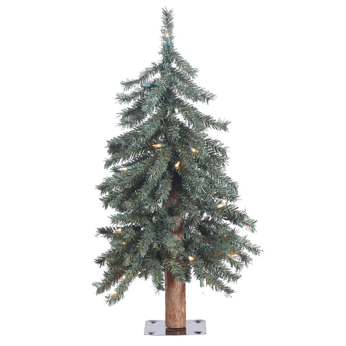 2'Hx16"W Natural Trunk With Bark Alpine Artificial Christmas Tree, LED Pre-Lit -Green - B907321LED