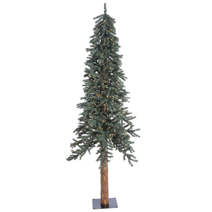 7'Hx44"W Natural Trunk With Bark Alpine Artificial Christmas Tree, LED Pre-Lit -Green - B907371LED