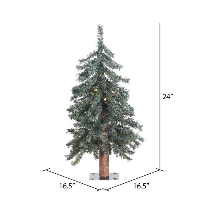 2'Hx16"W Natural Trunk With Bark Alpine Artificial Christmas Tree, LED Pre-Lit -Green - B907321LED