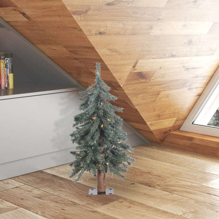 2'Hx16"W Natural Trunk With Bark Alpine Artificial Christmas Tree, LED Pre-Lit -Green - B907321LED