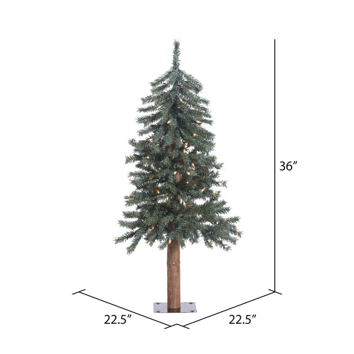3'Hx22"W Natural Trunk With Bark Alpine Artificial Christmas Tree, LED Pre-Lit -Green - B907331LED