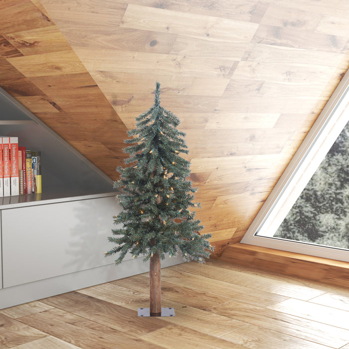 3'Hx22"W Natural Trunk With Bark Alpine Artificial Christmas Tree, LED Pre-Lit -Green - B907331LED