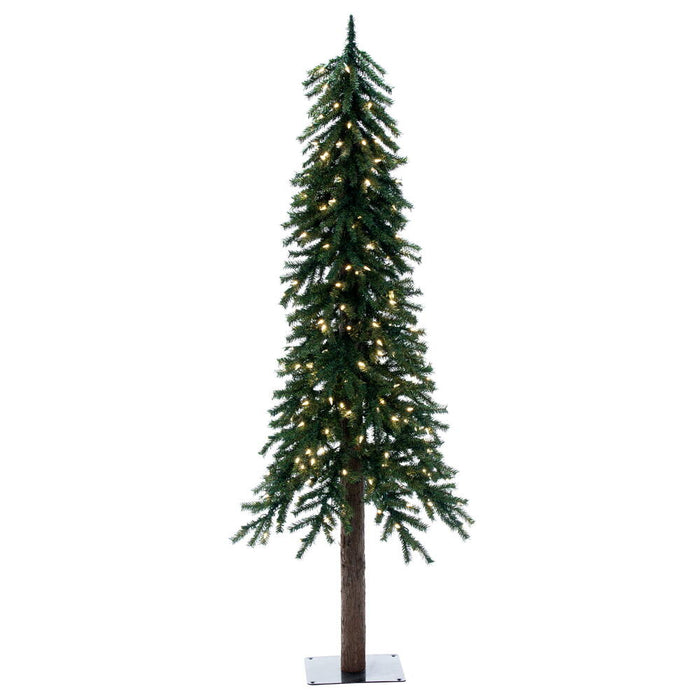6'Hx33"W Natural Trunk With Bark Alpine Artificial Christmas Tree, LED Pre-Lit -Green - B907361LED