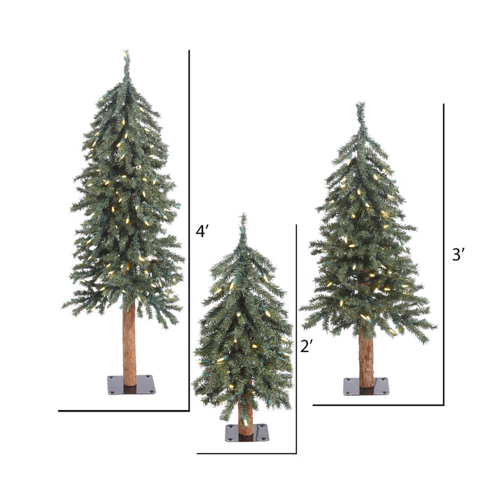 4'Hx25"W Set Of Natural Trunk With Bark Alpine Artificial Christmas Trees, LED Pre-Lit -Green - B907381LED