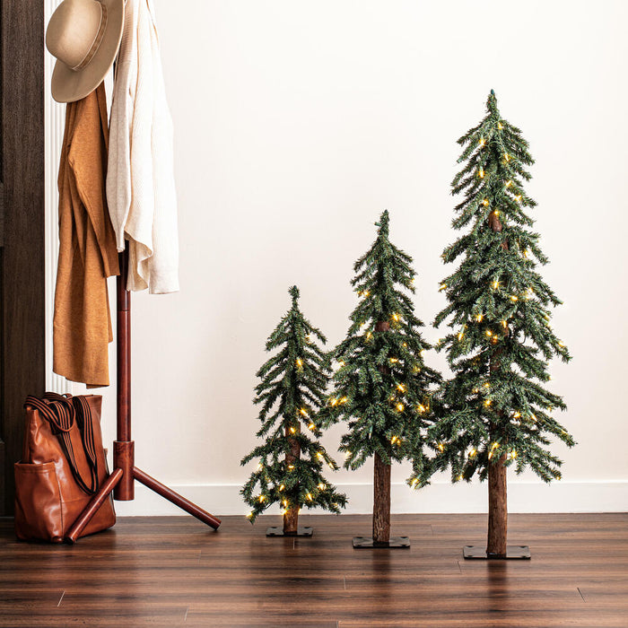 4'Hx25"W Set Of Natural Trunk With Bark Alpine Artificial Christmas Trees, LED Pre-Lit -Green - B907381LED