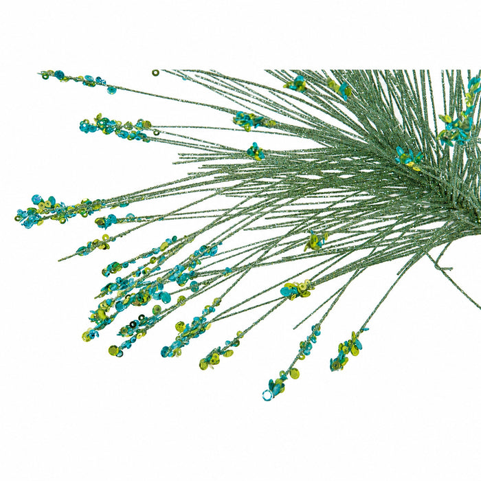 33" Glittered & Sequined Tips Artificial Needle Pine Stem -Green/Teal (Pack of 12) - C-171013