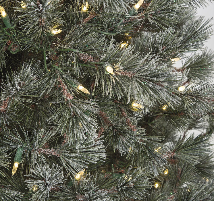 9'Hx62"W Glittered & Flocked Butte Pine LED-Lighted Artificial Christmas Tree w/Stand -Green/White - C190124