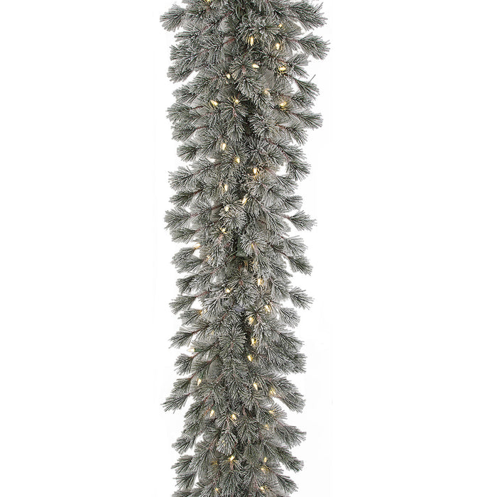 9'Lx14"W Frosted & Glittered Artificial Butte Pine LED-Lighted Garland -Green/White - C190174